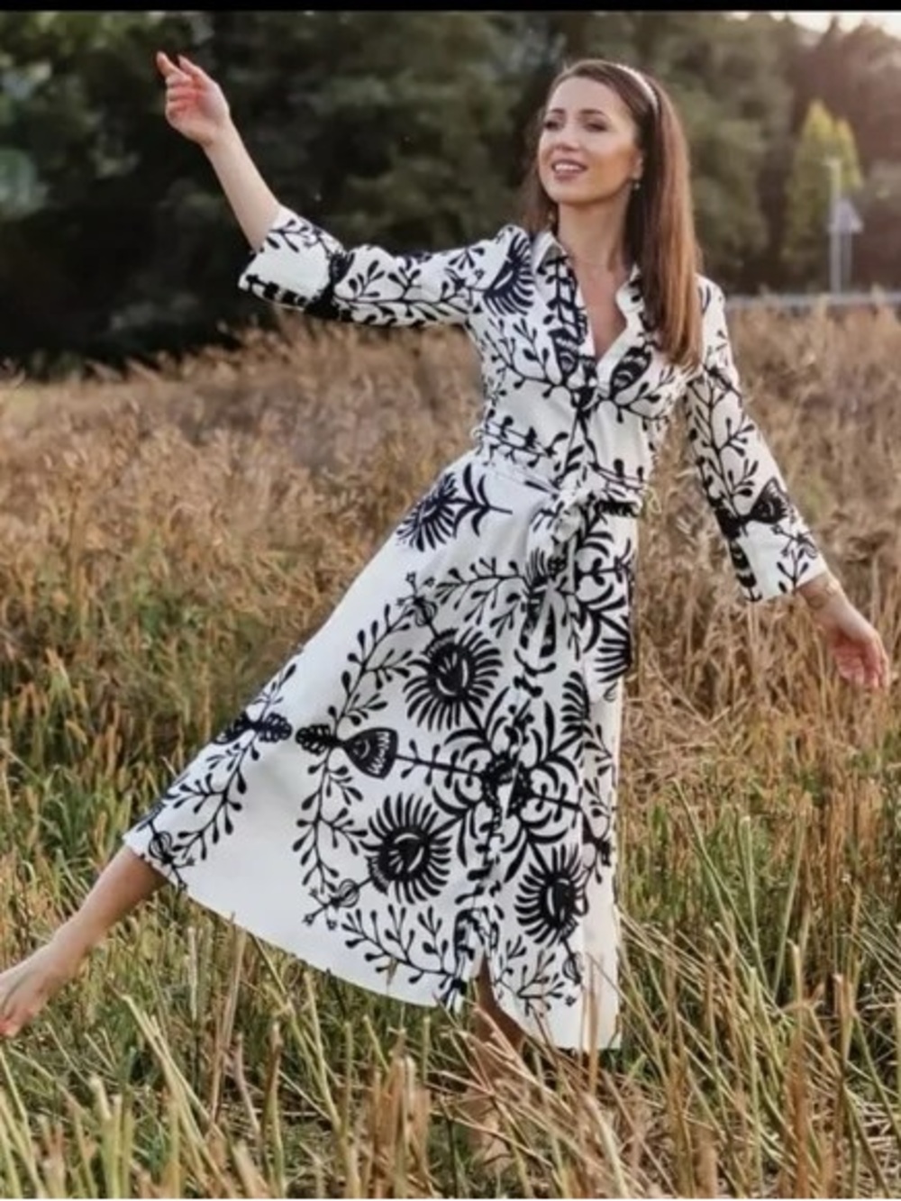 Zara Black & White Floral Tie-Waist Midi Dress